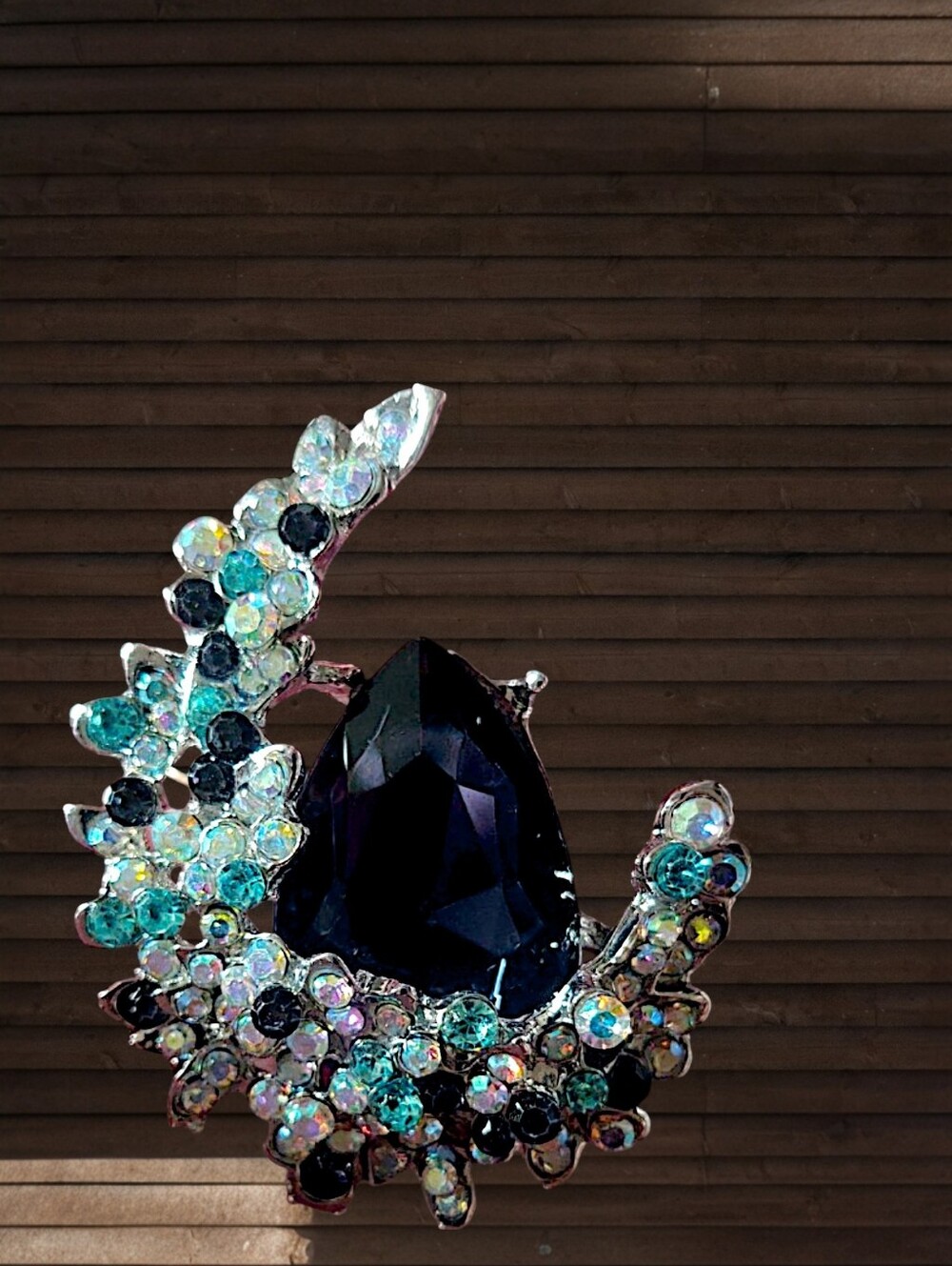 Blue Crescent Rhinestone Brooch